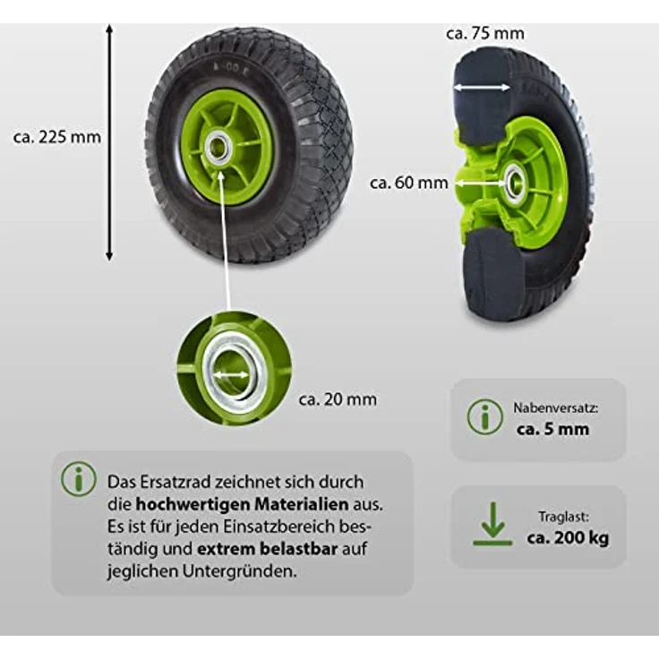 4x Sackkarrenrad Vollgummi 260x85 mm 3.00-4 PU Sackkarre Ersatzrad Rad Reifen Pannensicher – Bild 3
