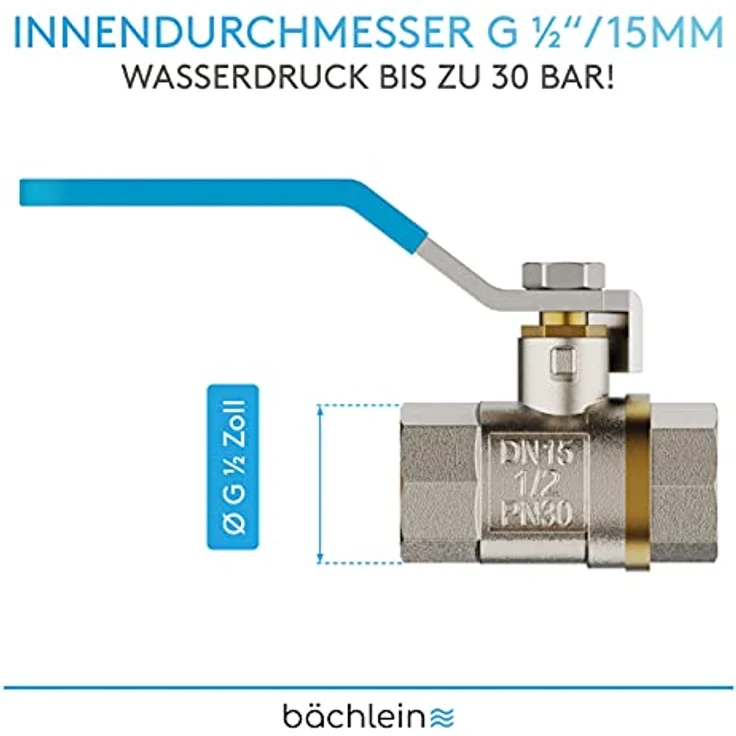 Bächlein Universal Kugelhahn – Kugelventil aus Messing mit Hebel-Griff und beidseitigem 1/2 Zoll Innengewinde – Absperrventil mit vollem Durchgang – Bild 3