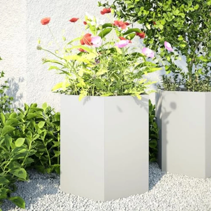 vidaXL Pflanzkübel 2 STK. Weiß Sechseckig 46x40x45 Stahl, Witterungsbeständig und mit viel Platz – Bild 2