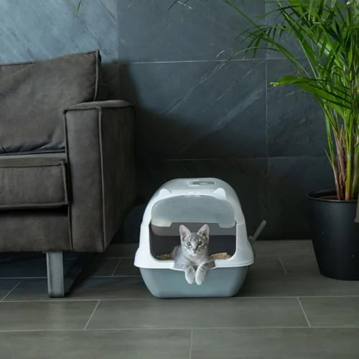 Intirilife Katzentoilette mit Deckel in Grau-Weiß - Geschlossenes Katzenklo mit Geruchsreduzierung – Bild 4
