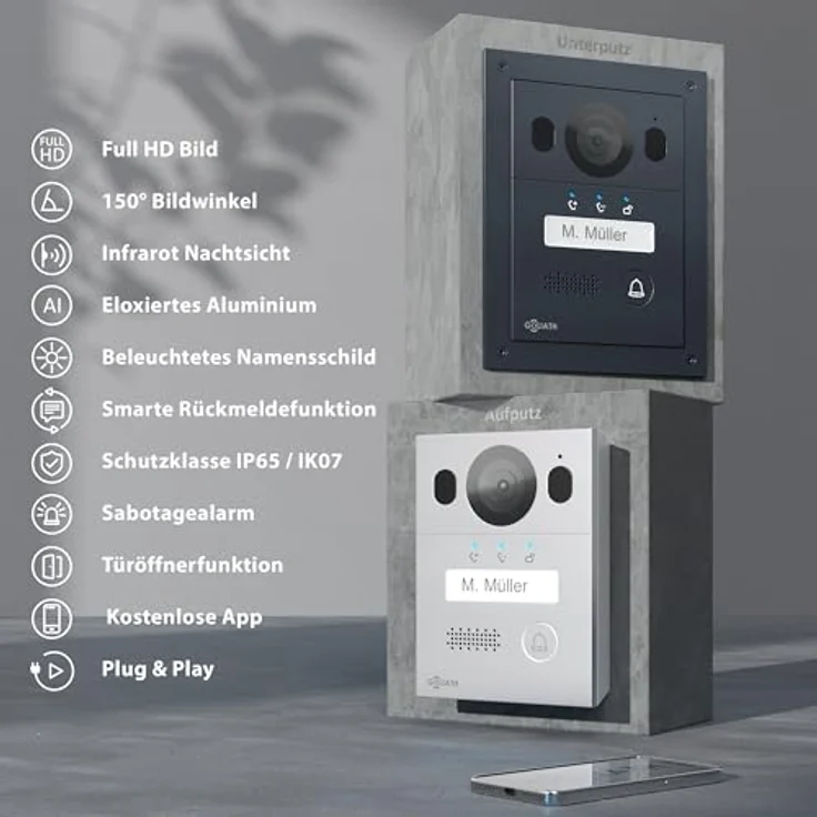 Goliath Intercom Goliath Basic Line 2-Draht Video-Türsprechanlage, FullHD, App-Anbindung, Weiß/Silber, mit 7 Zoll Touchscreen und Nachtsicht – Bild 3