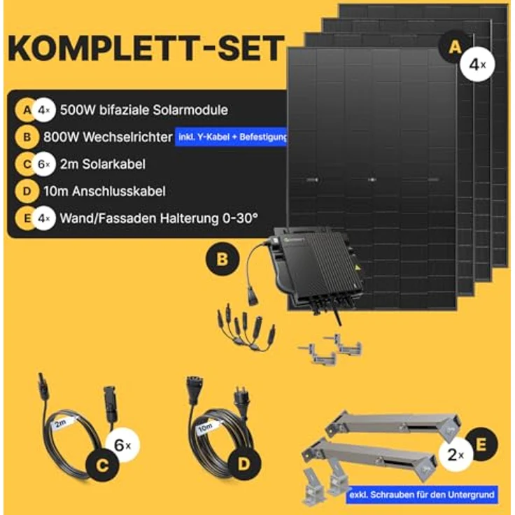 Solakon Balkonkraftwerk 2000W, Komplettset mit 800W Photovoltaikmodulen und 10m Kabellänge, steckerfertig mit Wandhalterung – Bild 4