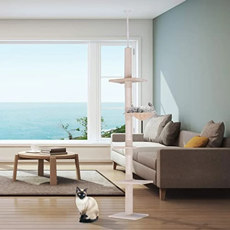 PawHut Kratzbaum Deckenhoch höhenverstellbar, Katzenbaum mit Sisalsäulen, Katzenkratzbaum, Katzen Kletterbaum, Beige, 40 x 34 x 230-260 cm – Bild 2