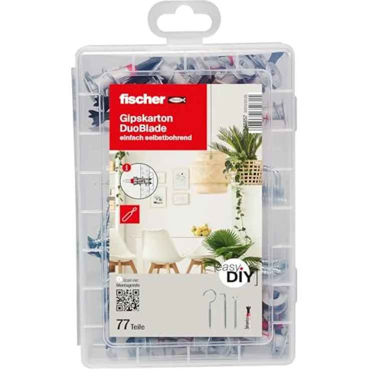 fischer easyDIY Box Gipskarton DuoBlade, 77-teiliges Dübel- und Schraubenset mit selbstbohrenden Gipskartondübel, Winkel- und Rundhaken für einfache Montage – Bild 2