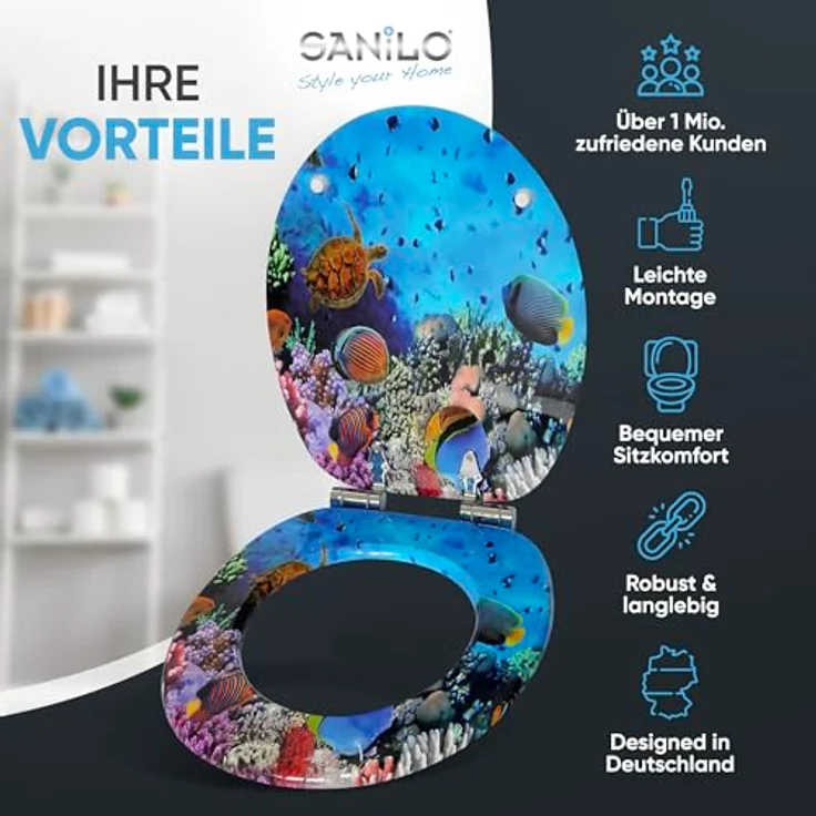 Sanilo WC Sitz Ocean, Hochwertiger Holz-Toilettendeckel mit Absenkautomatik, antibakterieller Oberfläche, passend für alle WC-Becken – Bild 3