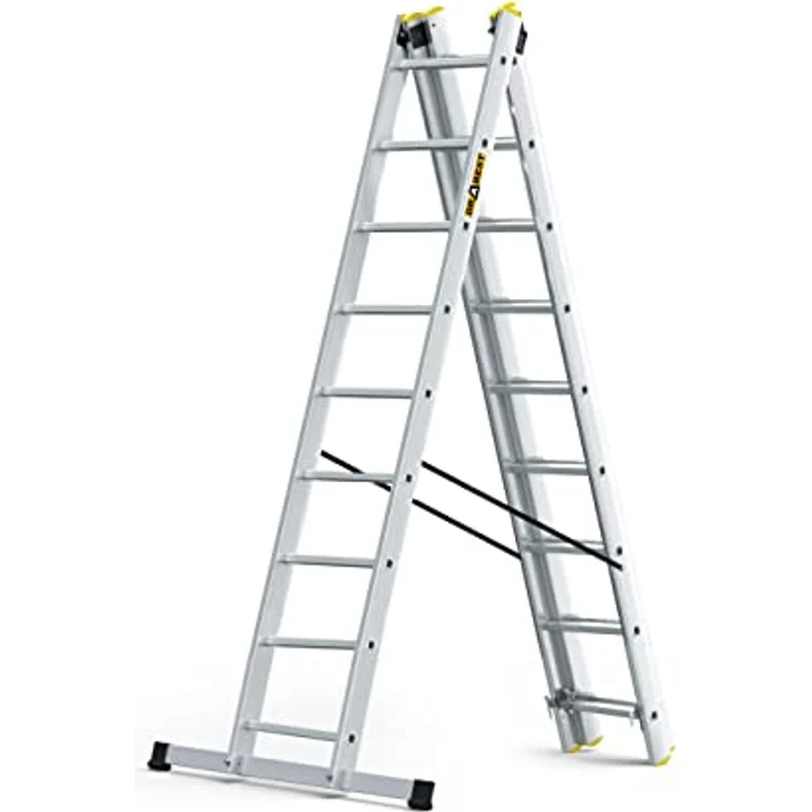 DRABEST Leiter PRO Serie Aluminium Leiter 3-teilig Schiebeleitern 9 Stufen Mehrzweckleiter Arbeitshöhe 6,32 m Belastbarkeit 150 kg inkl. Eimerhaken – Bild 2
