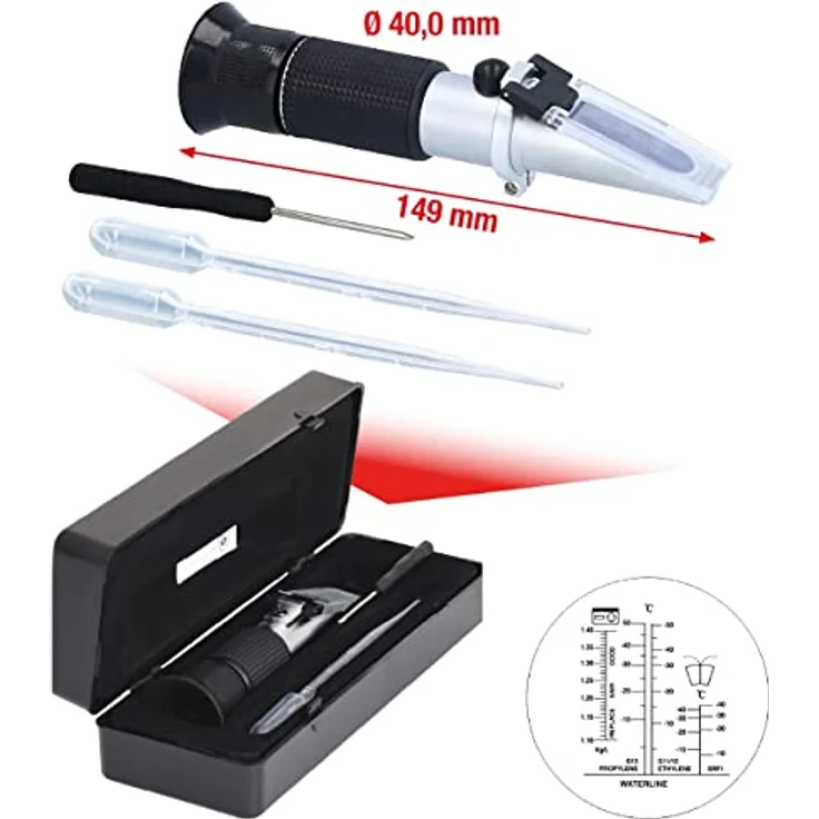 KS Tools Refraktometer für Kühlflüssigkeit und Batteriesäure, mit automatischer Temperatur-Kompensation und Alkalimetallkalibrierung, inklusive Kalibrierschraubendreher und Pipette im Kunststoff-Etui – Bild 2