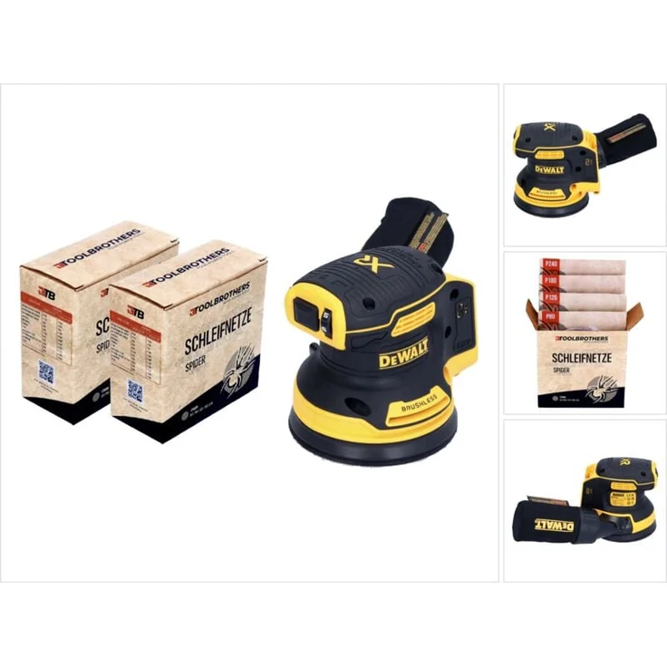 Dewalt DCW 210 N, Akku Exzenterschleifer 18 V 125 mm Brushless Solo mit 2x Toolbrothers Spider Netzschleifmittel Set