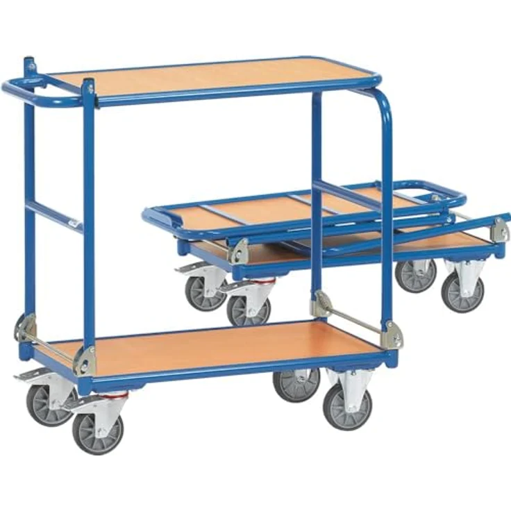 FETRA Klappwagen 1140, Transportwagen mit 2 Etagen, 250 kg Tragfähigkeit, Ladefläche 720x450mm, blau mit Holzunterbau, zusammenklappbar, Made in Germany – Bild 2