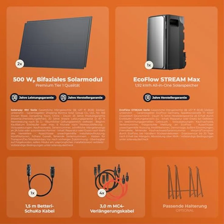 Solarway® Balkonkraftwerk 1000Wp/800W mit 1,9kWh EcoFlow STREAM Max Speicher, 2 x 500W bifaziale Solarmodule, komplettes Set inklusive Zubehör, schwarz – Bild 7