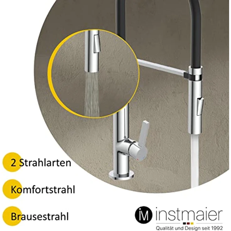 instmaier Küchenarmatur K4, Spültischarmatur mit hohem Auslauf, flexible Handbrause, 2 Strahlarten, schwarz/gräu – Bild 2