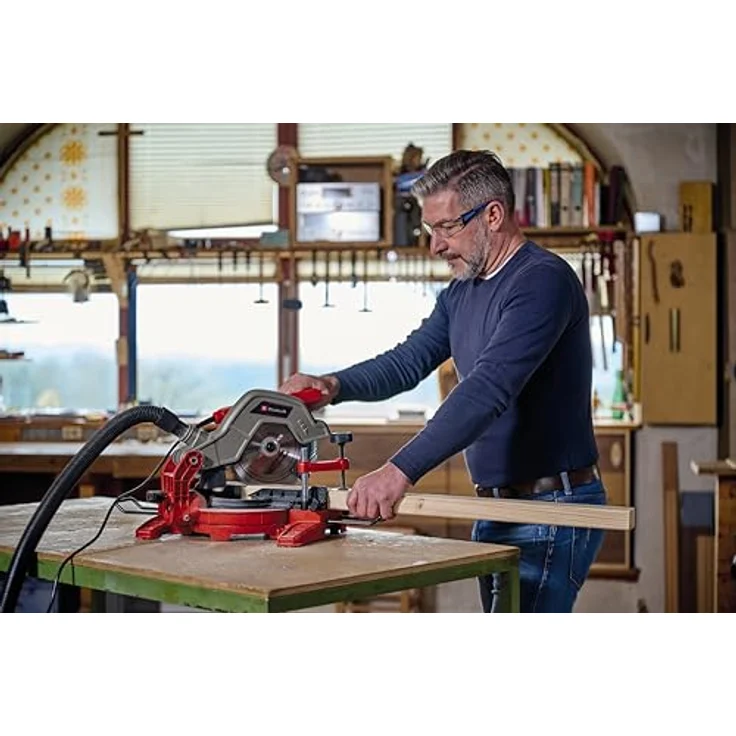 Einhell Kapp-Gehrungssäge TC-MS 216 (max. 1600 W, Ø216 x ø30 mm Sägeblatt, Arbeitstisch aus Alu-Druckguss, Drehtisch mit Einrastpositionen, Sägekopf bis 45° neigbar, inkl. Hartmetall-Sägeblatt) – Bild 2