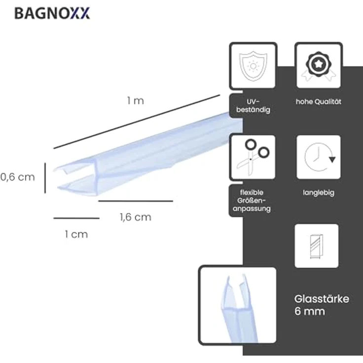 Bagnoxx Schleiflippendichtung für Dusche, 1m für 6mm Glas, transparent, UV-beständig und schimmelresistent – Bild 2