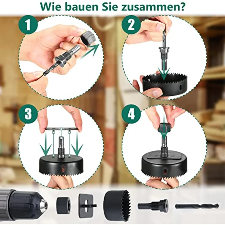 Lochsäge, HYCHIKA 19 PCS Lochsäge Kit mit 13 Sägeblättern 19mm-152mm, 2 Dornen, 2 Bohrern, 1 Montageplatte, 1 Sechskantschlüssel, ideal zum Bohren von Weichholz, PVC-Platte und Kunststoffplatte – Bild 2