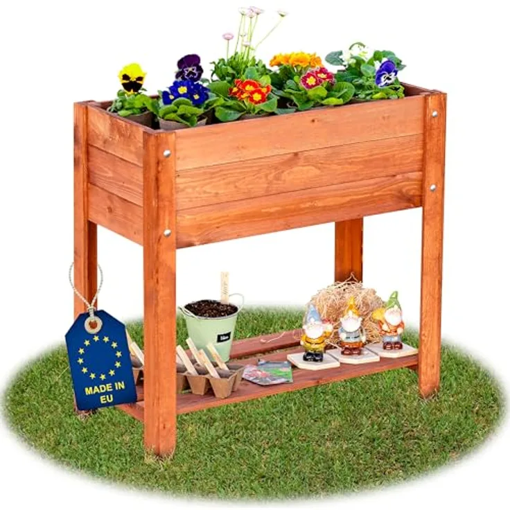 ITA Hochbeet aus Holz 80x37x78 cm - Pflanzkasten mit Ablageboden & Innenfolie - FSC Kiefernholz - Braun
