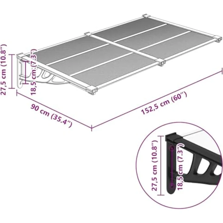 vidaXL Markise Türvordach Schwarz und Transparent 152,5x90 cm Polycarbonat (1-St) wetterfest und einfach zu montieren – Bild 3