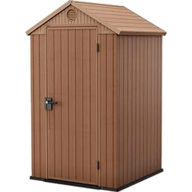 Keter Darwin Gartenhaus 4x4, braun, 118 x 116,7 x 205 cm, mit Einzeltür und 2 Dachblätter für Gartenwerkzeuge – Bild 1