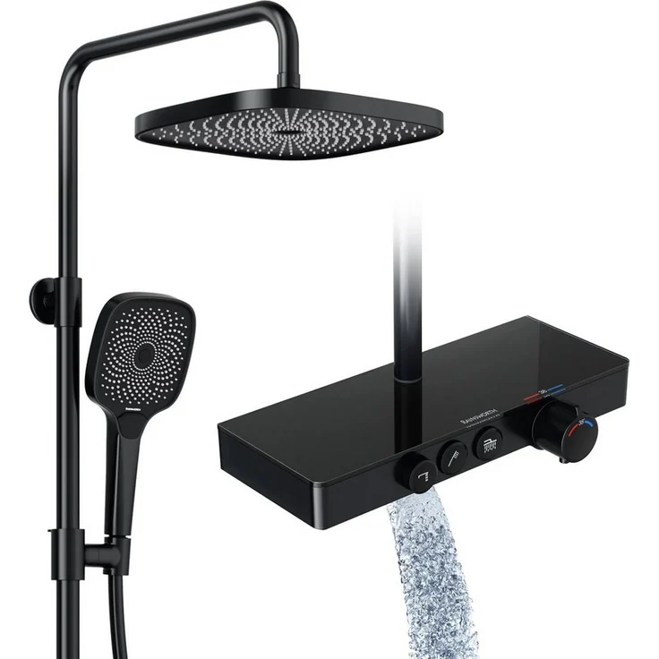Rainsworth Duschsystem mit Thermostat und Glasablage, 3 Strahlart(en), 26x26 cm, und Unterer Auslauf - Duschset Regendusche mit Armatur, Matt Schwarz - Preisvergleich