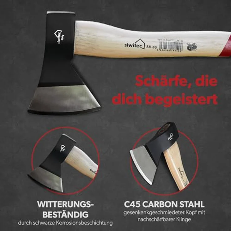 siwitec Holzaxt SH-60, Survival Axt mit 600 Gramm Kopfgewicht, Axt zum Holz spalten mit Hickory-Stiel und C45 Carbon Klinge, Beil, Camping Axt – Bild 4