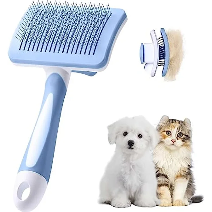 Vinabo Hundebürste, Katzenbürste, Haustier Selbstreinigend Zupfbürste Entfernt Unterwolle, Hundebürsten für Unterwolle,Haar Entferner Haustierbürste für Langhaarige Kurzhaarige Hunde und Katze, Blau