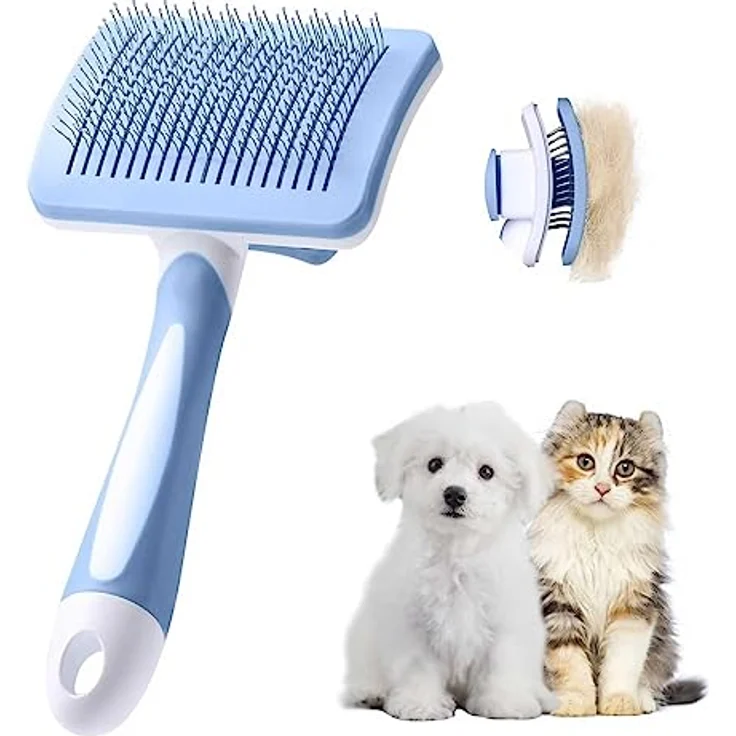 Vinabo Hundebürste, Katzenbürste, Haustier Selbstreinigend Zupfbürste Entfernt Unterwolle, Hundebürsten für Unterwolle,Haar Entferner Haustierbürste für Langhaarige Kurzhaarige Hunde und Katze, Blau – Bild 1