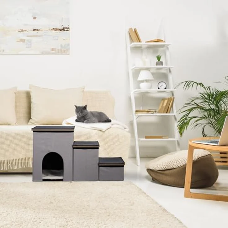 relaxdays Haustiertreppe Hundetreppe 3 Stufen mit Höhle - Ideal für kleine und ältere Tiere, Grau/Schwarz – Bild 3