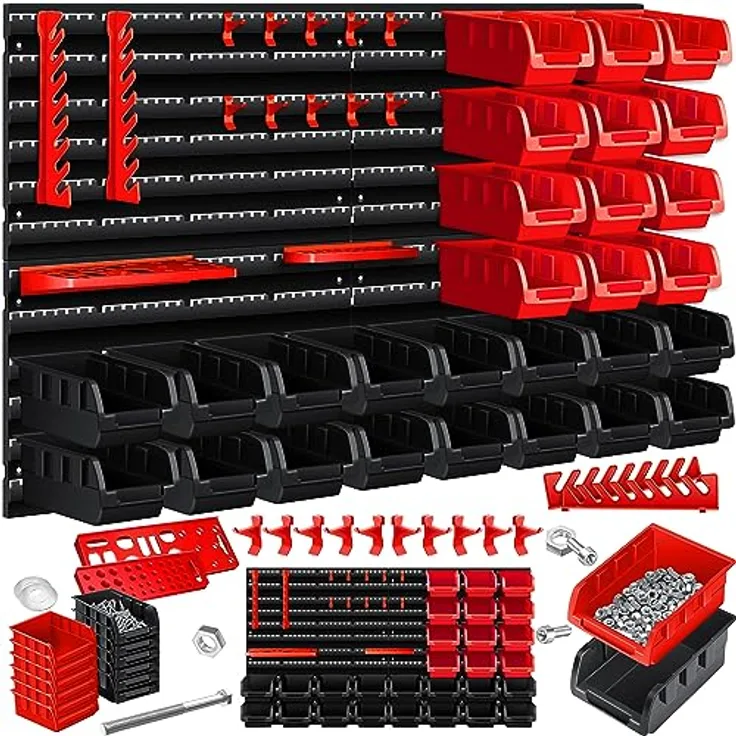 MASKO® Wandregal + Stapelboxen + Werkzeughalter | 45 tlg Box | Erweiterbar | Werkstattregal Lagerregal Steckregal Set Box | Sichtlagerkästen | Kleinteilemagazin | Sortimentskasten | Werkstatt |