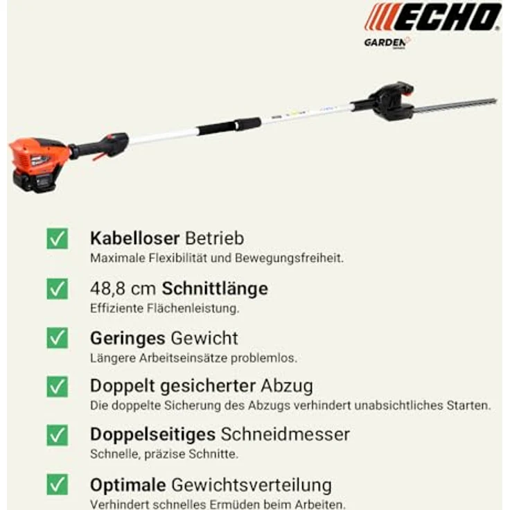 Echo DHCA-310 Akku Heckenschneider 48 cm, batteriebetrieben mit verstellbarem Kopfstück und gegenläufigem Doppelblatt, ohne Akku – Bild 2
