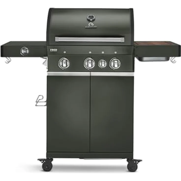 BURNHARD 3-Brenner Gasgrill FRED Green, inkl. 900°C Infrarot-Keramikbrenner, Seitenkochfeld, Gusseisen-Grillrost, klappbare Seitentische und Grillabdeckung – Bild 1