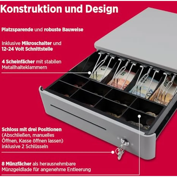Olympia S 330 Color Geldkassette, Kassenlade mit 8 Münzfächern, 4 Scheinfächern, Mikroschalter, 3 Schlüsselpositionen, Weiß – Bild 6