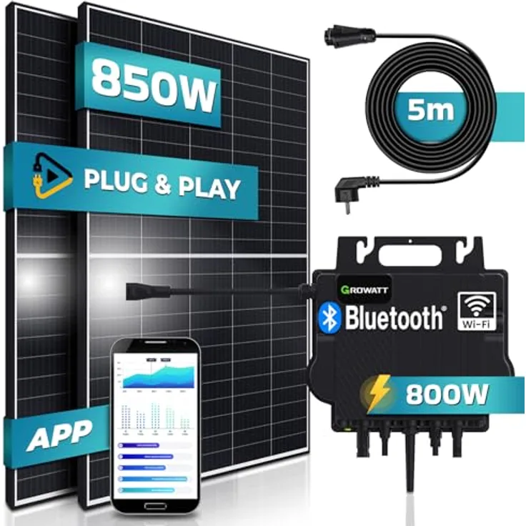 SUNNIVA® Balkonkraftwerk 850W/800W Solaranlage mit 800W GROWATT Micro Wechselrichter, 5m Anschlusskabel, WIFI & Bluetooth, drosselbar & upgradebar, 2x 425W Solarmodule