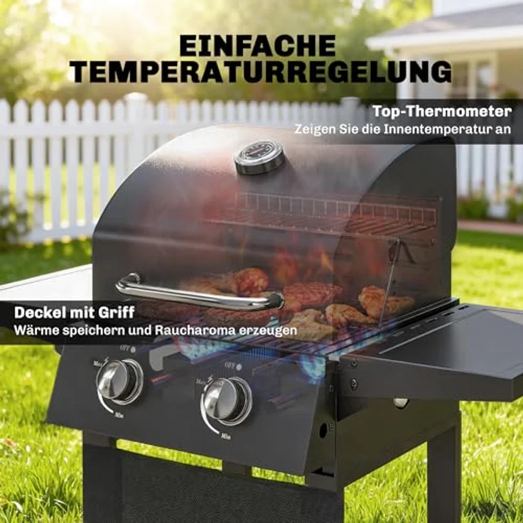 Outsunny Gasgrillwagen 5,4 kW, 2 Brenner mit klappbarem Seitentisch, Thermometer und Warmhalterost, schwarz – Bild 4