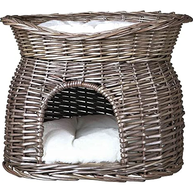 Trixie 2873 Weidenkorb mit Liegedach und 2 Kissen, 54 × 43 × 37 cm, grau – Bild 1