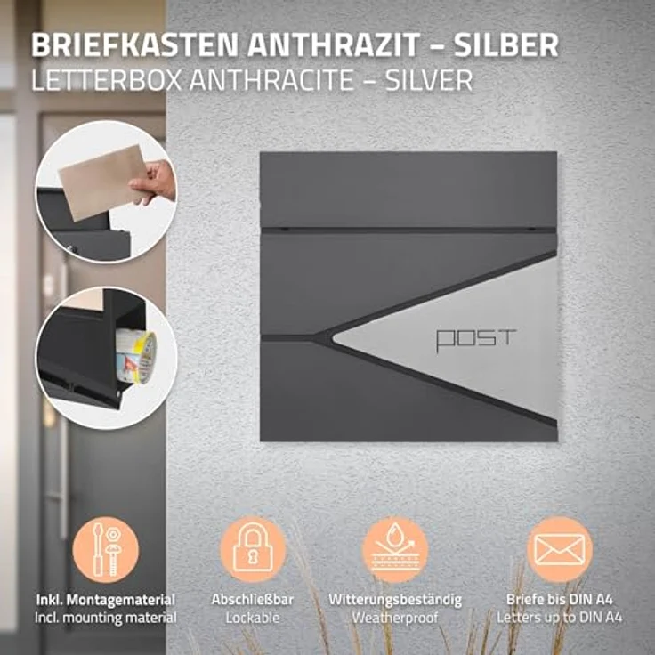 ECD Germany Standbriefkasten mit Zeitungsfach, Briefkastenständer Silber 120 cm Edelstahl, Anthrazit-Silber pulverbeschichtet – Bild 2