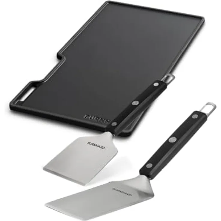 BURNHARD Gusseisen Wendeplatte Set Earl, 43 cm Grillplatte mit 2-tlg. Grillspachtel und Grillschaber, emailliert
