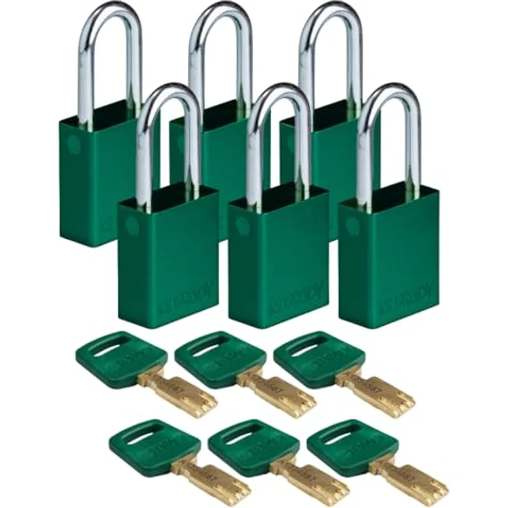 Brady SafeKey Vorhängeschloss Aluminium 6er-Pack - Lockout Schloss mit Schlüssel - Bügelhöhe 38.10 mm - Verschiedenschließend - Grün – Bild 1