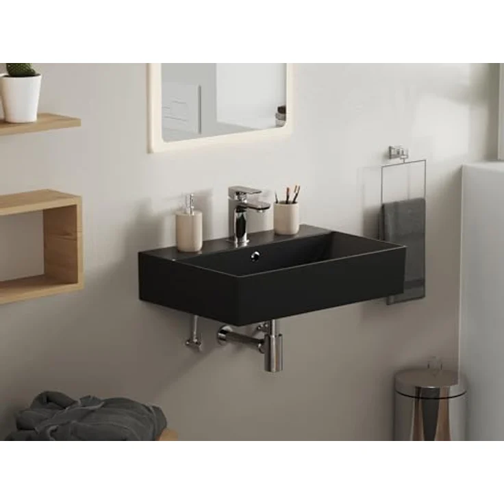 Aqua Bagno | Eckiges Waschbecken mit dünnem Rand, schwarz matt, Aufsatzwaschbecken, hochwertige Keramik | 600 x 420 mm – Bild 5