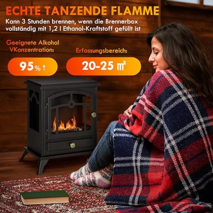 HOMCOM Ethanol Kamin, 7000BTU Bio-Ethanol Kamin mit 1,2L Brennkammer, 3h Brenndauer, Standkamin für bis 25 m², Stahl, Schwarz – Bild 3