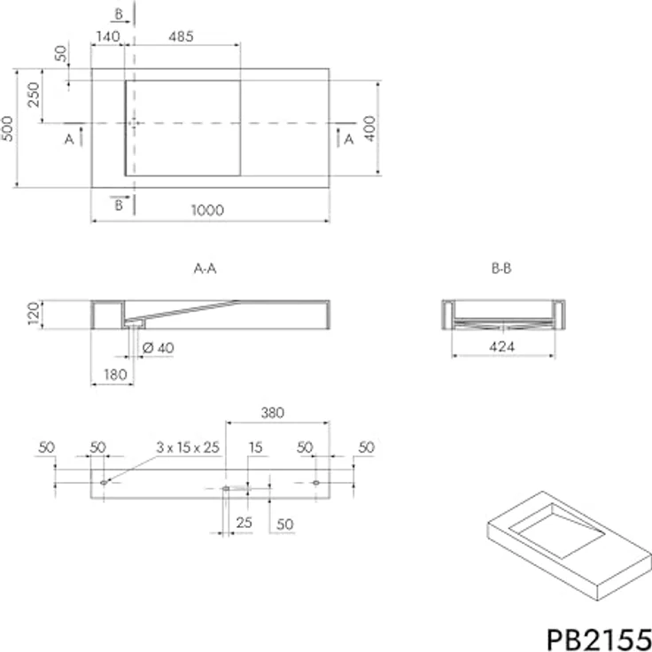 Bernstein Waschbecken PB2155, Mineralguss - 100 x 50 x 12 cm - Weiß matt - mit Ablaufrinne - Preisvergleich – Bild 3