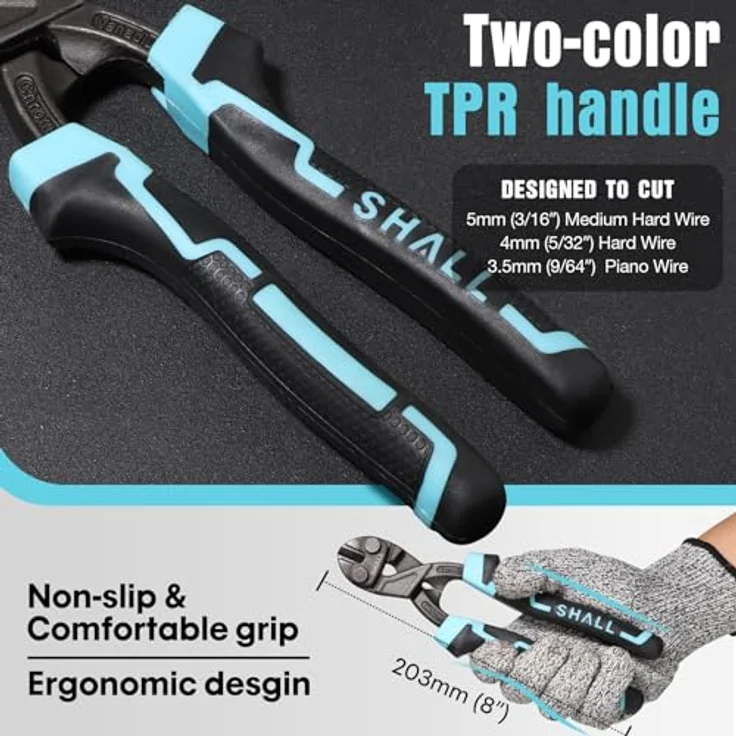 SHALL 8-Zoll-Mini-Bolzenschneider, Hochleistungs-Drahtschneider mit zweifarbigen ergonomischen Griff, effizienter Hebelwirkung, inkl. Gürteltasche – Bild 5
