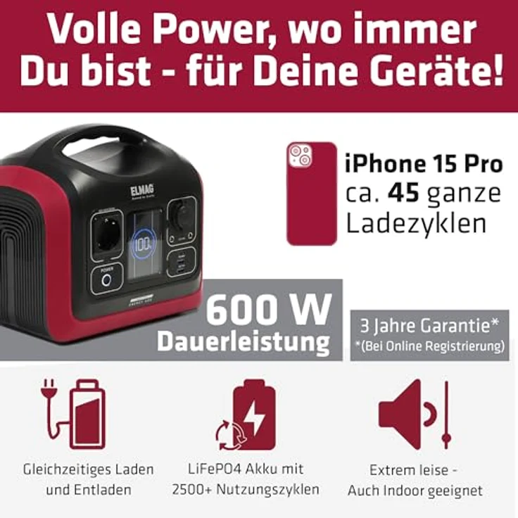 ELMAG Tragbare Powerstation ENERGY 600, 600W, LiFEPO4 Akku mit 595Wh, integrierter Solarladeregler, vielseitige Anschlussmöglichkeiten – Bild 2