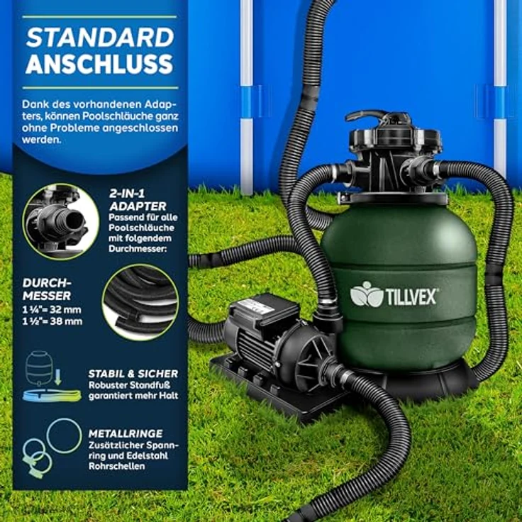 tillvex Sandfilteranlage 7.900L/h, Filteranlage mit 400g Filterbällen, Pumpe und 7-Wege Ventil für Pool und Schwimmbecken – Bild 7