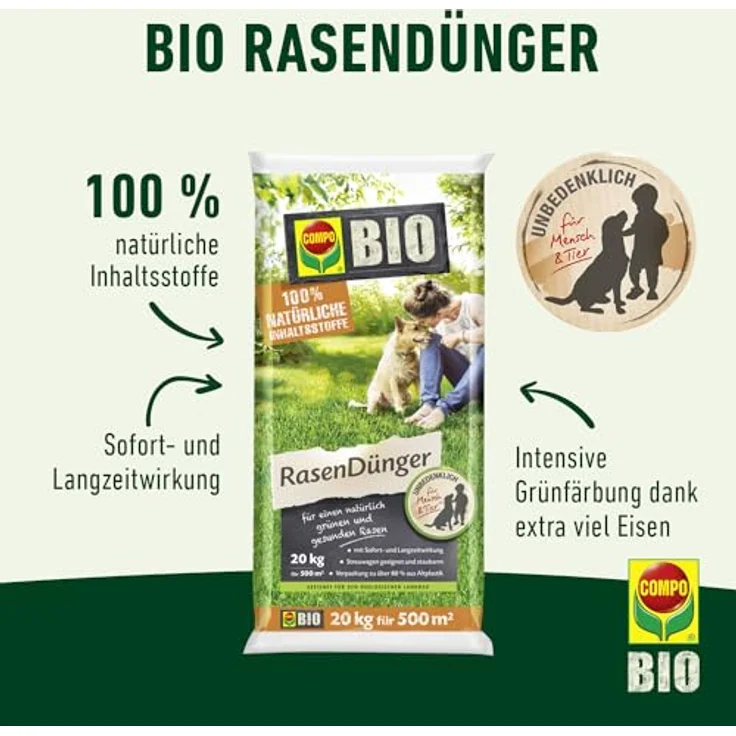 Compo Bio-Rasendünger 20 kg, 100% natürliche Inhaltsstoffe, für 500 m² Rasenfläche, staubarm und unbedenklich für Mensch und Tier – Bild 2