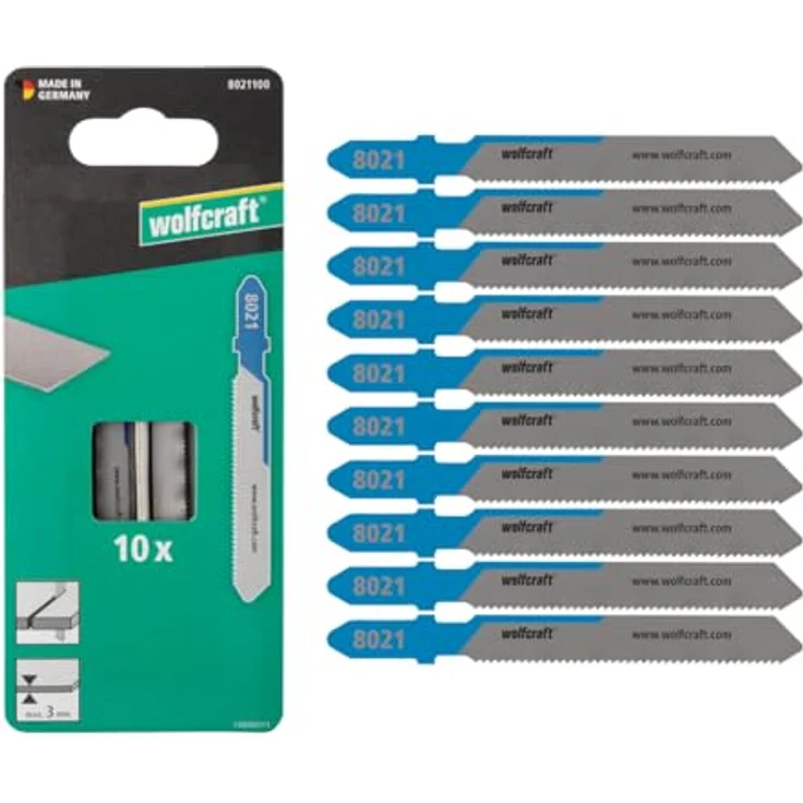 wolfcraft 10 HSS-Stichsägeblätter, feiner Schnitt für Stahlblech und Buntmetalle, T-Schaft, Schnitttiefe 3mm, made in Germany - 8021100 – Bild 1