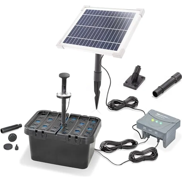 Esotec Solar Teichfilterset Profi 6/230 LED, Komplettset mit LiFePo4 Akku, Solarpumpe mit 230 l/h, mehrstufige Filterung für Gartenteiche