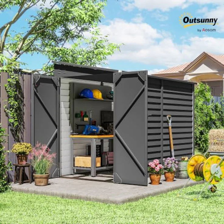 Outsunny Metall Gerätehaus 3,5 m², Geräteschuppen mit Pultdach und Doppelschiebetür, dunkelgrau – Bild 2