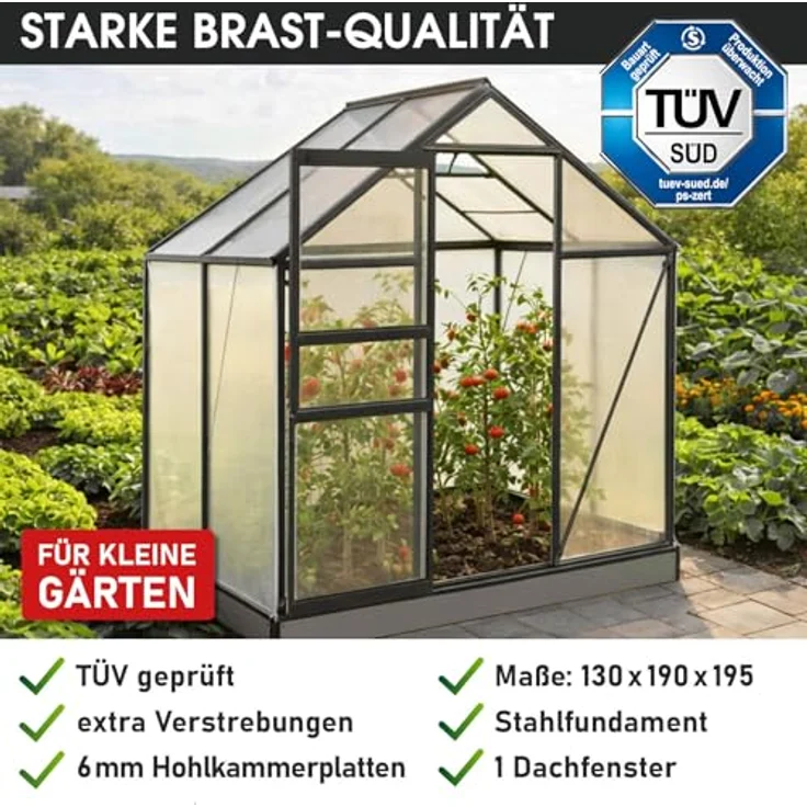 "BRAST Gewächshaus Aluminium mit Fundament rostfrei 130x190x195cm, BxTxH: 190 x 130 x 195 cm, wetterfestes hochwertiges Aluminium, Temperaturbeständig, Wärmedämmend, Lichtbrechend & UV-stabilisiert, grün" – Bild 9