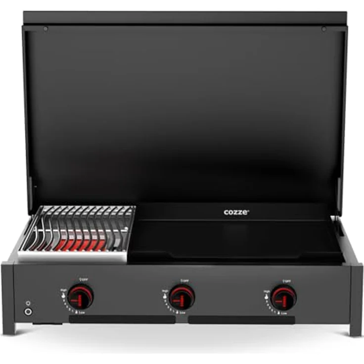 Cozze® Combo 900, 2-in-1 Gasgrill und Plancha in schwarz, 3 Brenner mit Deckel & Thermometer, Emaille-Gusseisen-Plancha-Griddle – Bild 2