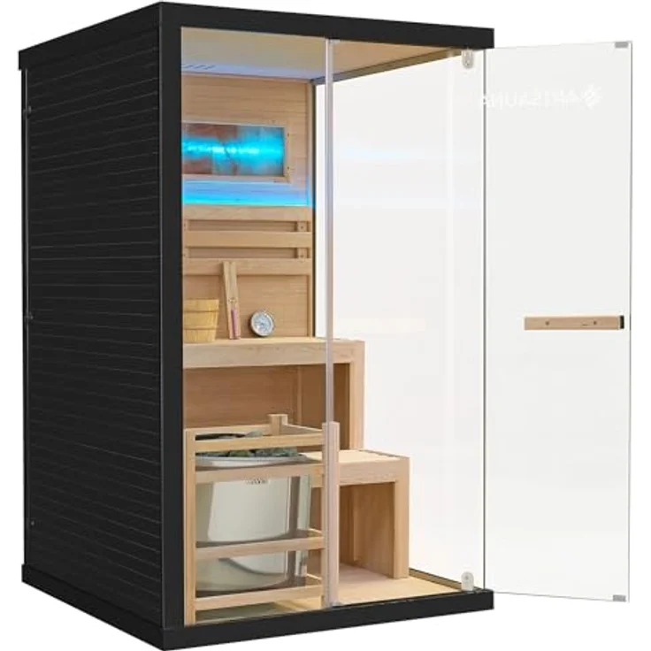 Artsauna Sauna Vantaa 120, Moderne 2 Personen Saunakabine mit Salzsteinen und Ambientebeleuchtung, Schwarz/Natur – Bild 6