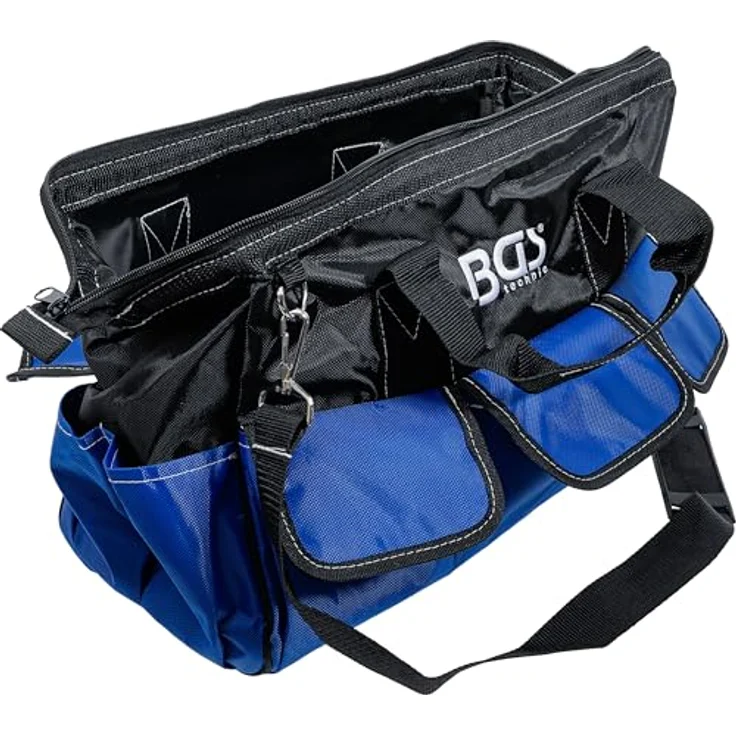 BGS 74390 | Universal Werkzeugtasche | medium | 406 x 190 x 300 mm | strapazierfähig, kompakt, Nylon, 10 Außenfächer, 8 Innenfächer, Tragegriffe, Oberteil weit zu öffnen, abnehmbarer Schultergurt | Schwarz – Bild 2